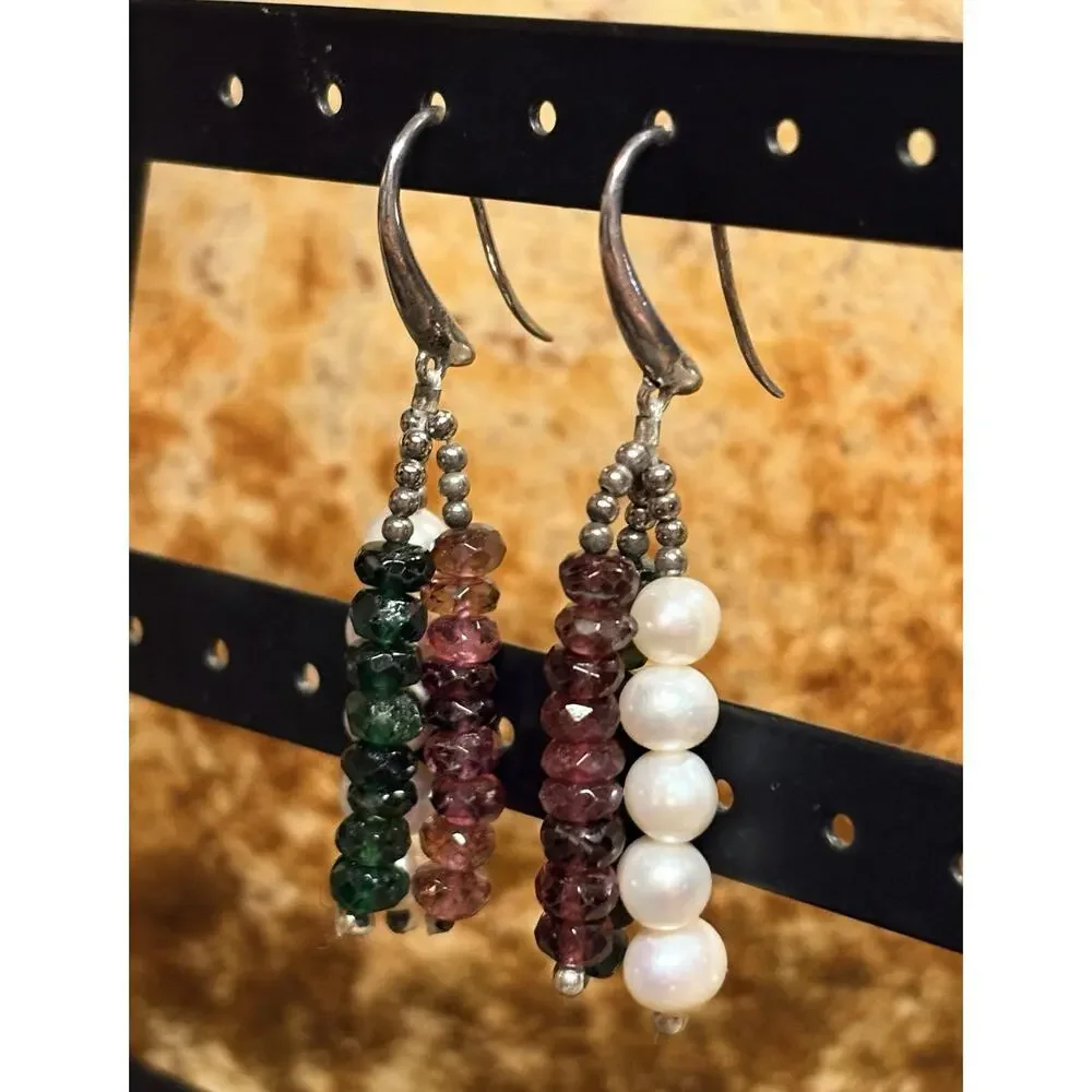 Sterling Silver Freshwater Pearl & Tourmaline Earrings Dangle Fishhooks Vintage